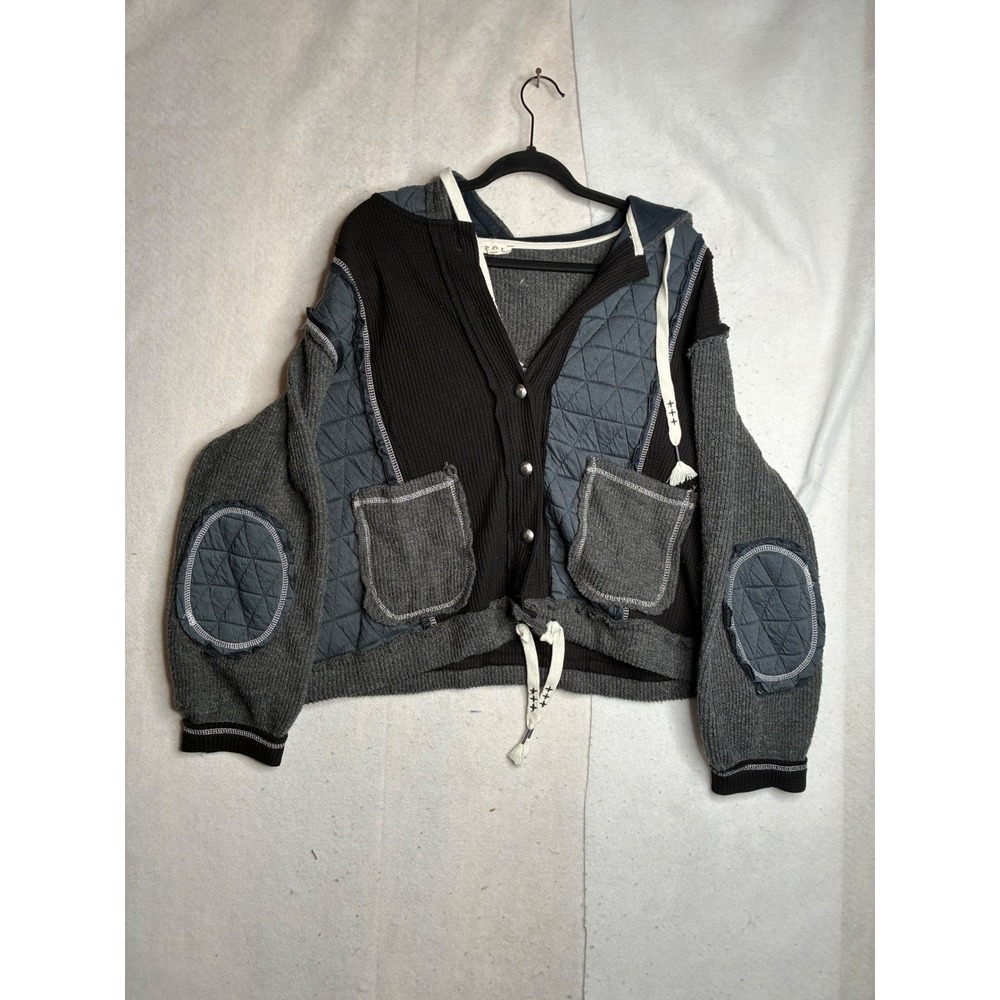 POL Mixed Media Quilted Patchwork Cardigan Hoodie Black Grey Mens Medium